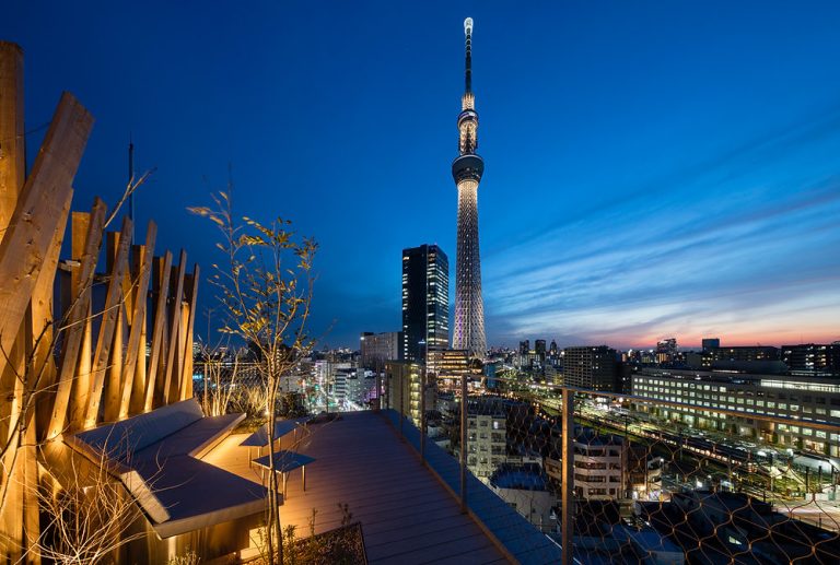 This hotel designed by Kengo Kuma has an amazing rooftop view of the Tokyo Skytree