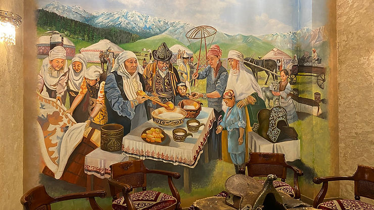 A painting depicting the traditional way of preparing Kazakh cuisine in a tribal setting