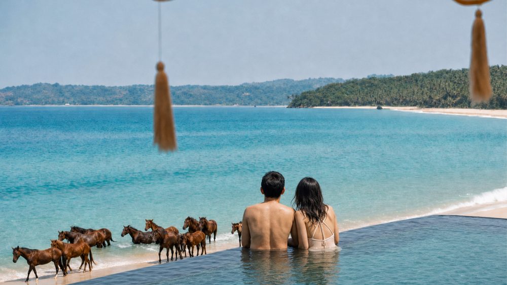 Couple watching wild horses roam along the beach from the pool at NIHI Sumba luxury resort in Indonesia